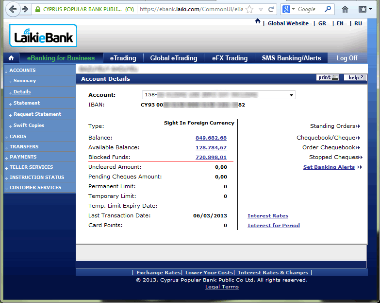 Bank screenshot from a Cyprus-based small European IT company. The operating capital is practically gone overnight, confiscated to save the government's face.