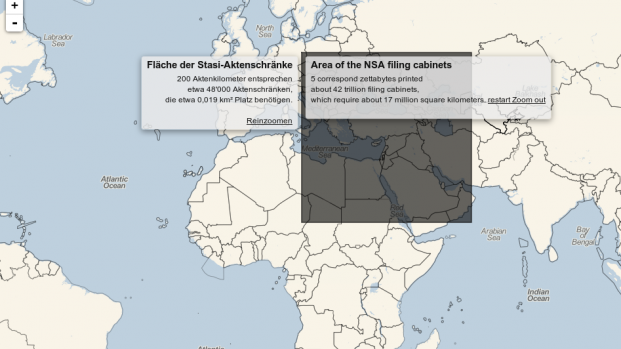 ...finally. So where the hated Stasi archives were a full building in Berlin, in an apples-to-apples comparison, the NSA archives would cover the Eastern part of Europe, the entire Middle East, and a good chunk of northeastern Africa. That kind of establishes the orders of magnitude we're dealing with.