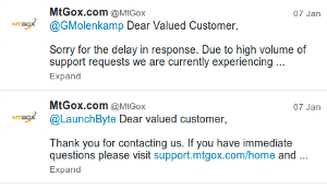 MtGox' twitter account as of noon on Feb 4. It's full of autoreplies, one month old.