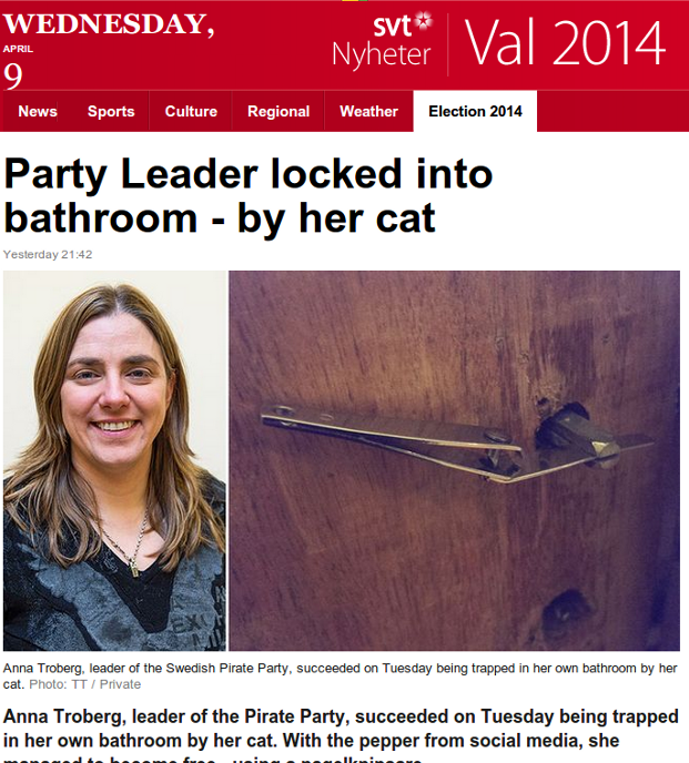 Anna Troberg trapped in bathroom by cat. Courtesy SVT.