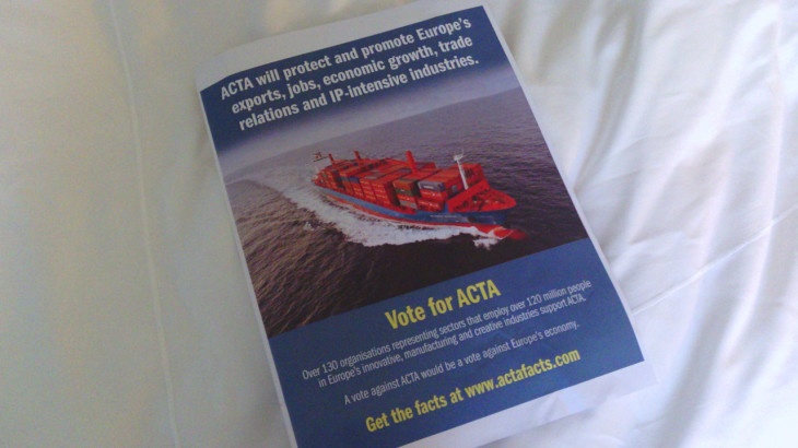 The pro-ACTA poster used in the European Parliament, itself a pirate copy.