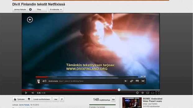 Screenshot from Netflix, where they had used subtitles from DivXFinland.org and kept the translation credits to DivXFinland.org in those subtitles, essentially advertising that they had copied the subtitles illegally.