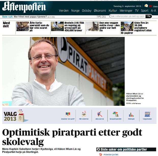 "Pirate Party are optimistic after good school elections." The Norway Evening Post (Aftenposten).