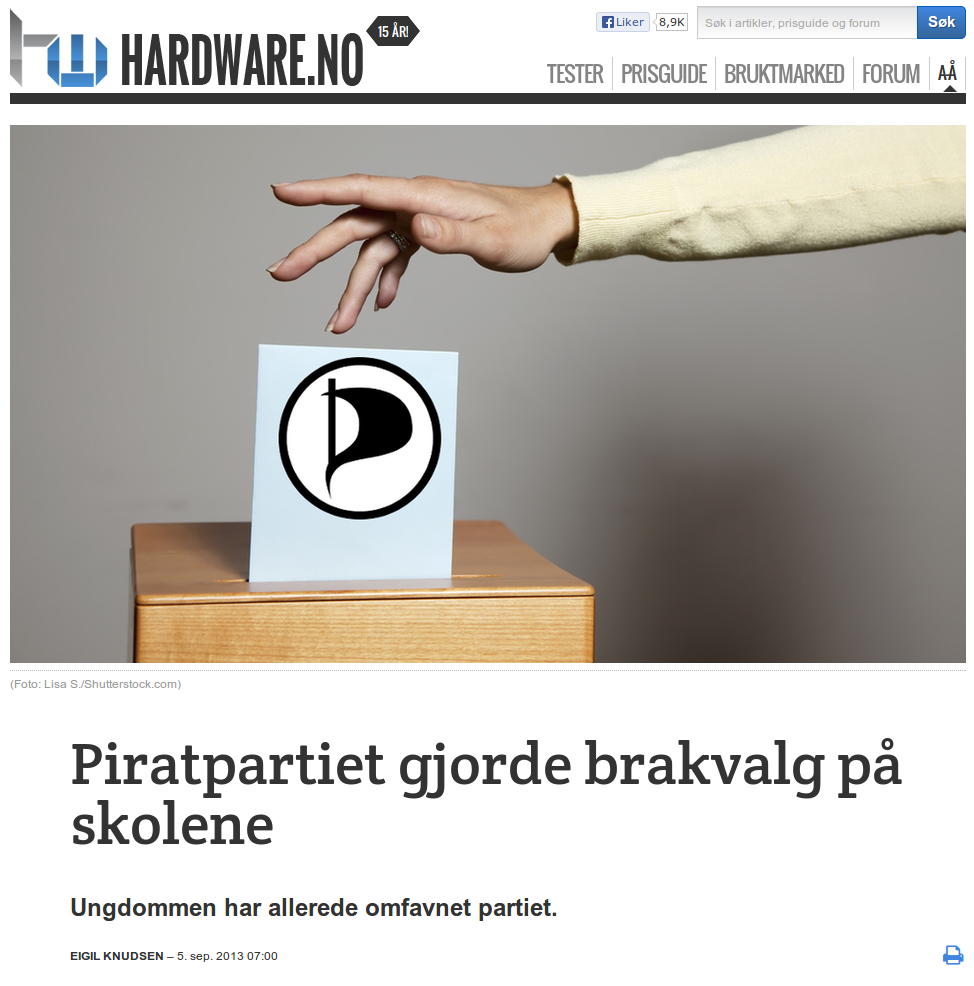 "Pirate Party had a smash success in the school elections. The youth have already embraced the party." Hardware.no.