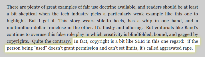 David Newhoff: If the copyright monopoly holder doesn't get to give permission, like with a fair use case, it's like aggravated rape