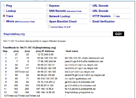 Traceroute till thepiratebay.org. Sista länken i kedjan är piratpartiet.se.