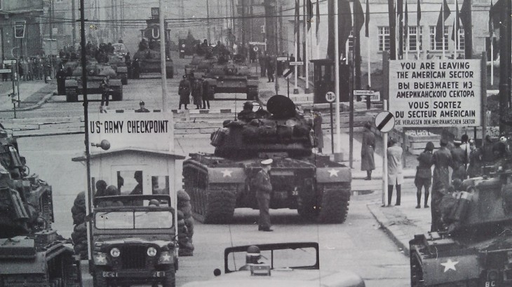 Soviet tanks staring down Checkpoint Charlie in Berlin